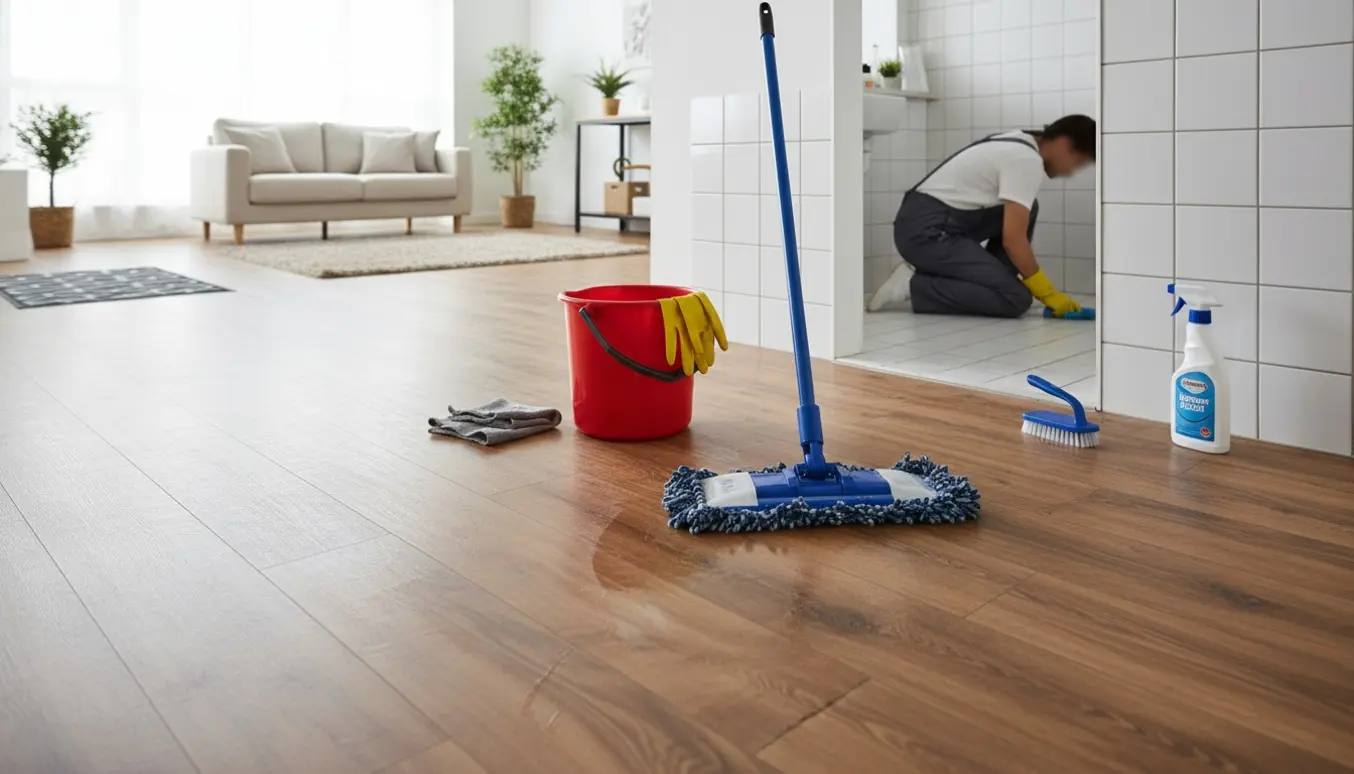Solbelyst lejlighed med rengøringsudstyr og en person med ryggen til, der vasker gulv og rengør badeværelsets fliser.