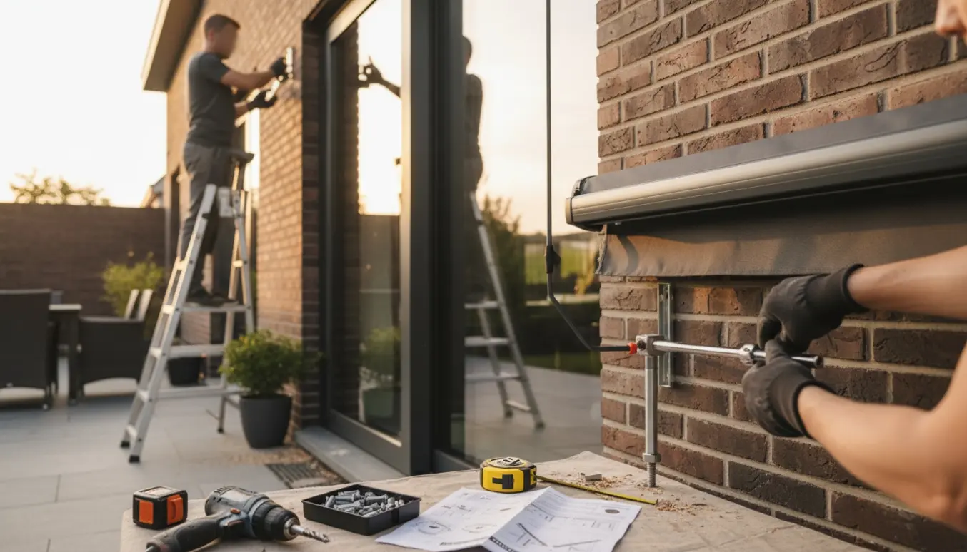 To personer monterer en manuel 3 meter markise over en terrasse, med værktøj og beslag i fokus.
