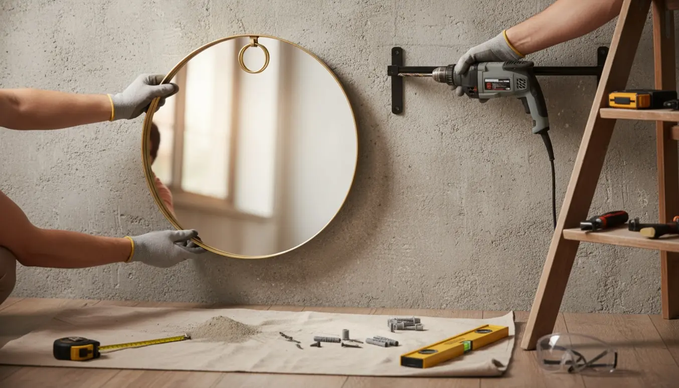 Nærbillede af hænder og værktøj, der monterer spejl og gardinstang på en rå betonvæg.