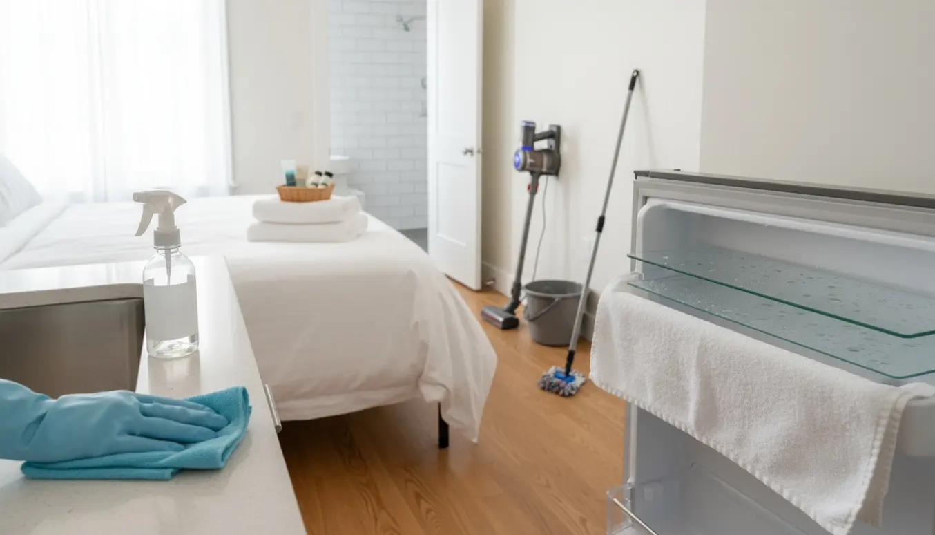 Hænder pudser køkkenbord i en lille, solbeskinnet lejlighed med åben køleskab og rengøringsudstyr.