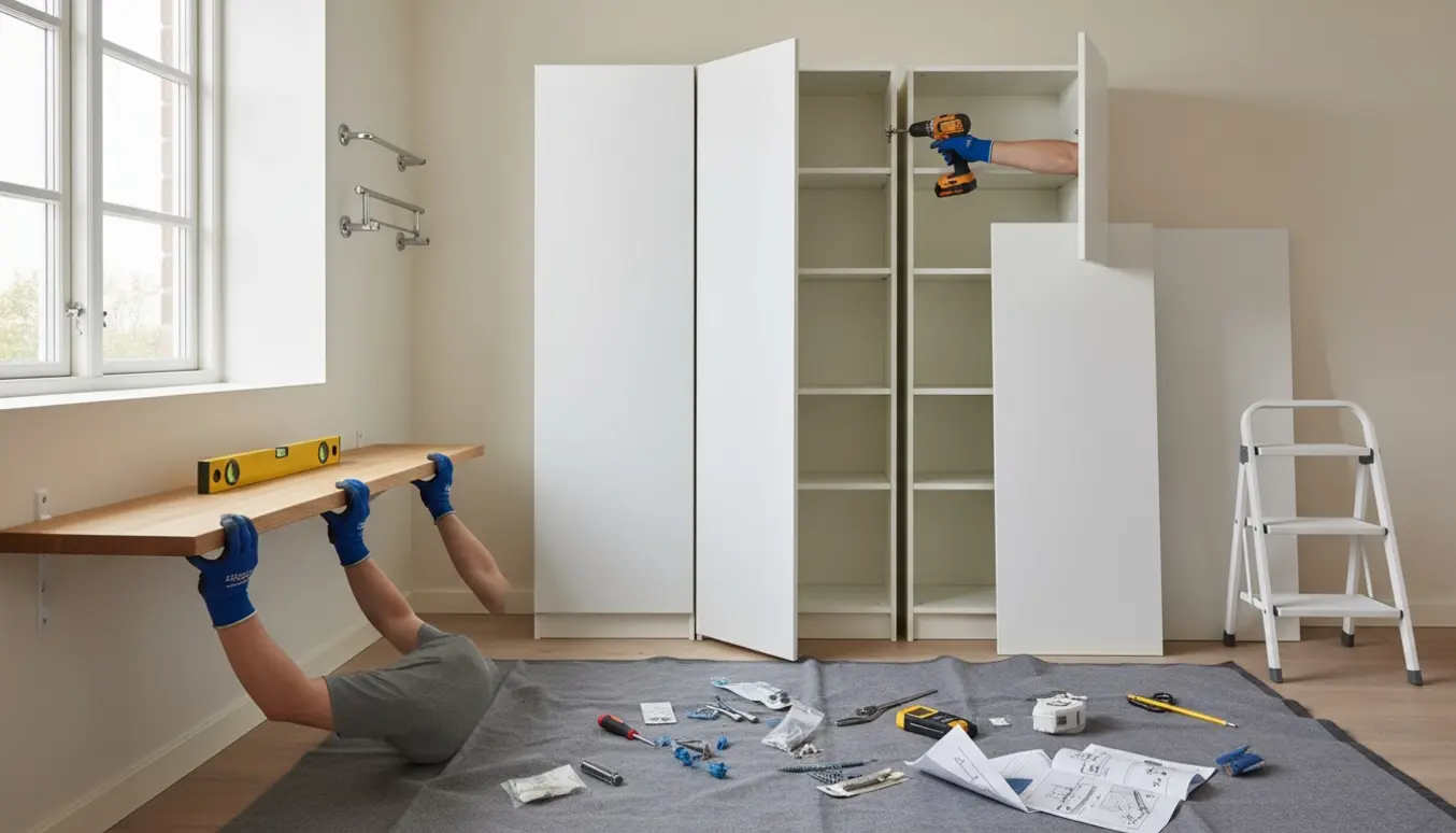 Montage af tre reoler og montering af en 150 cm hylde med hyldeknægte i en lys stue.