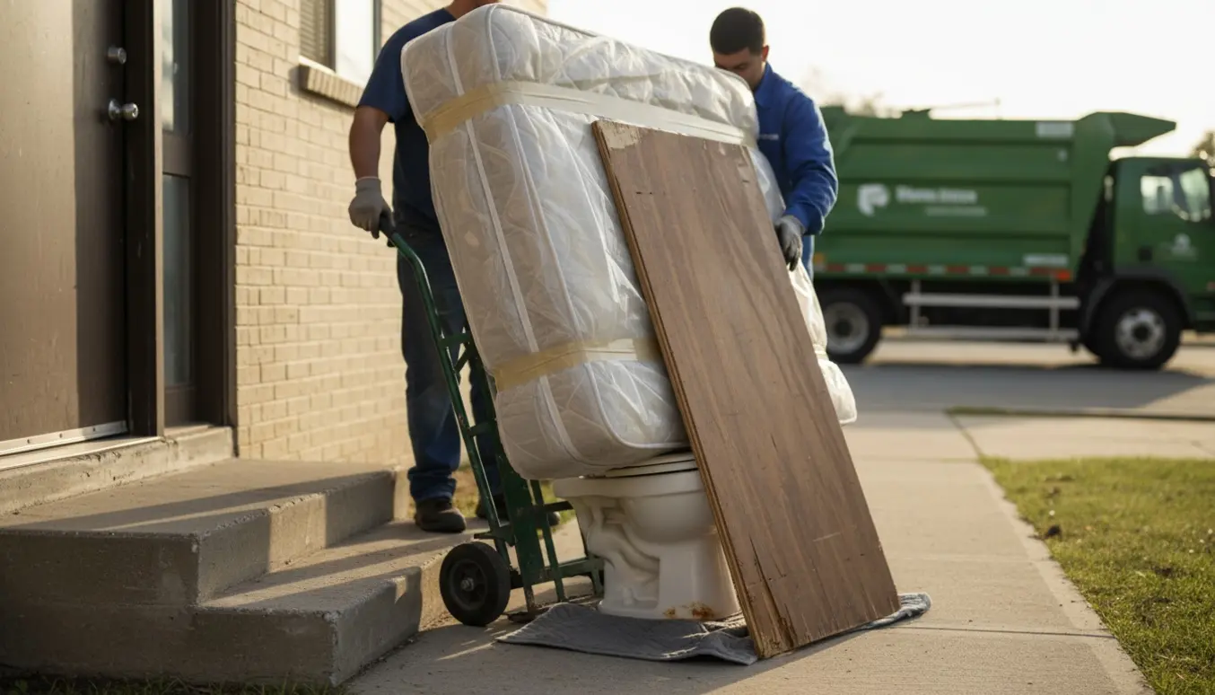 Håndtralle med boksmadras, skab og toilet ved en ejendomsopgang klar til storskrald.