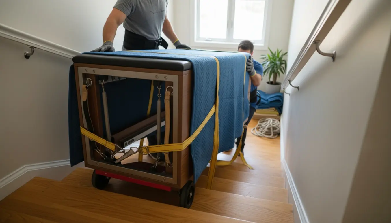 To flyttefolk bærer en tung pilatesmaskine op ad en trappe til 2. sal med bæresele og beskyttelsesbetræk.
