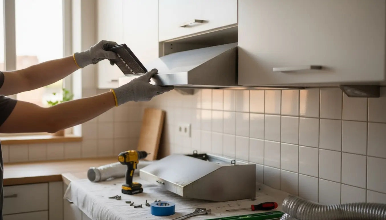 Hænder monterer en ny emhætte med synligt kulfilter under et køkkenskab, med værktøj og den gamle emhætte på bordet.