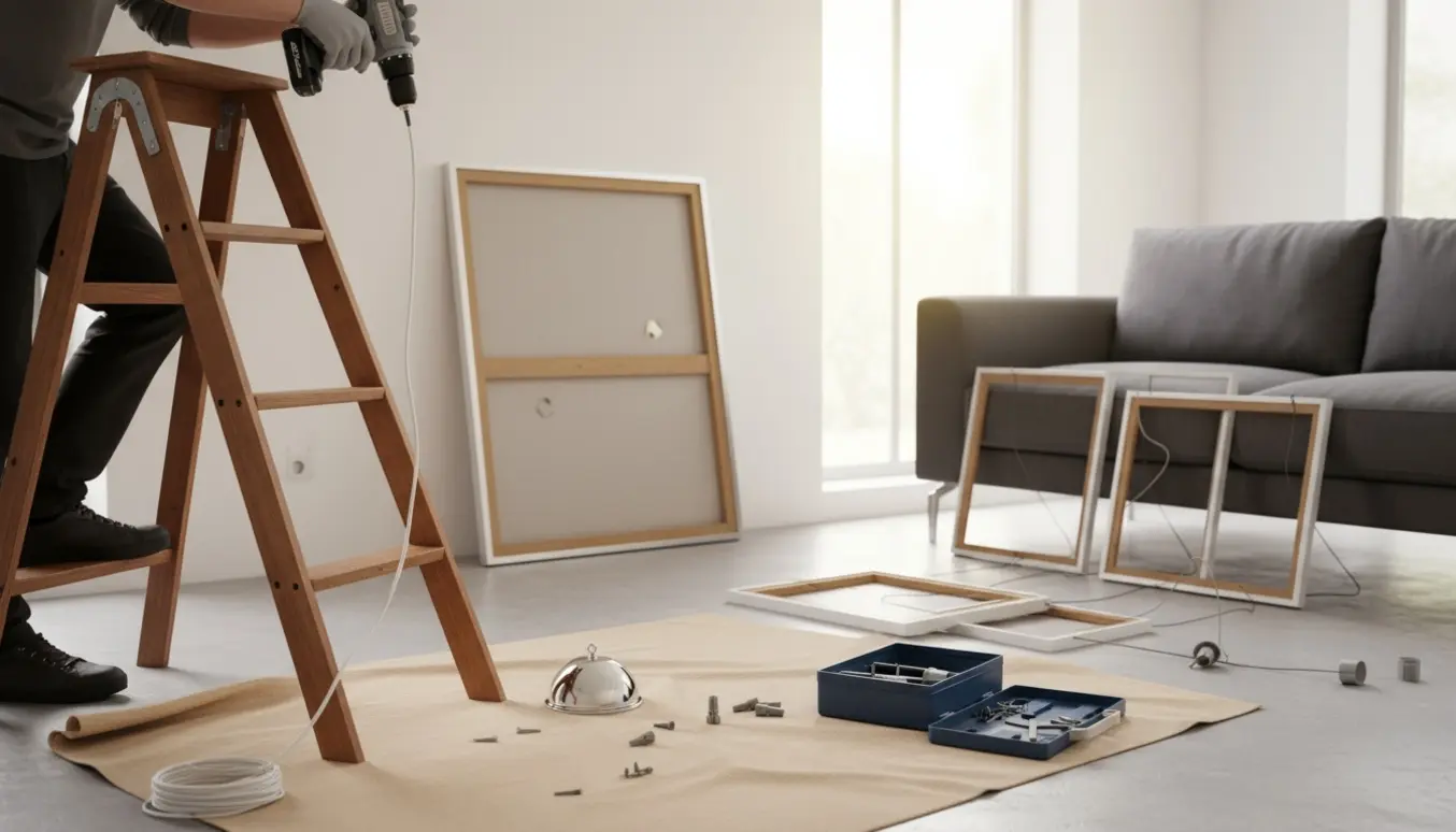 Hænder på en stige borer i loftet for at montere lamper med værktøj og billeder klar til ophæng.