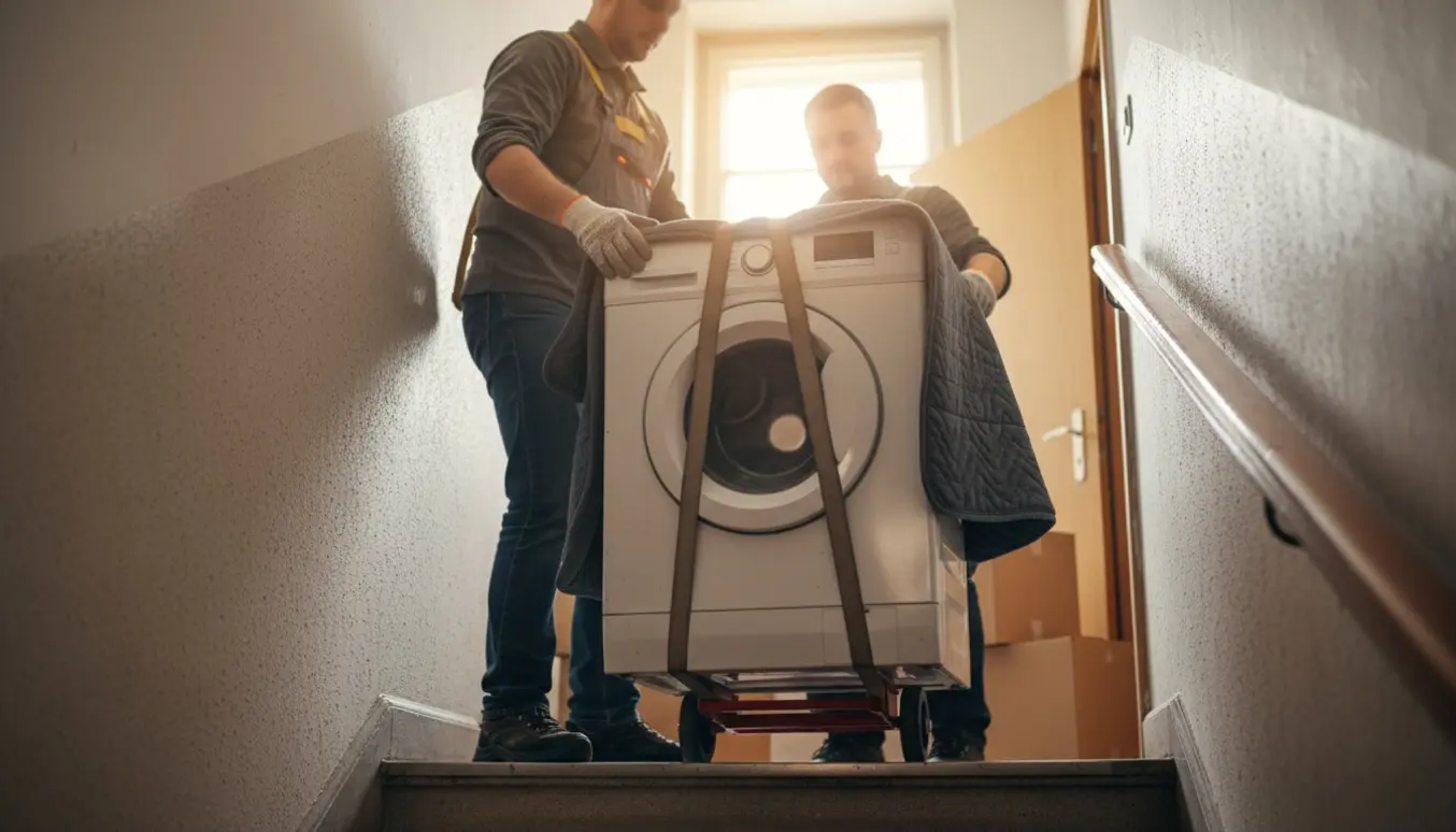 Vaskemaskine bæres forsigtigt ned ad trappe fra tredje sal med flyttetæpper og dolly.