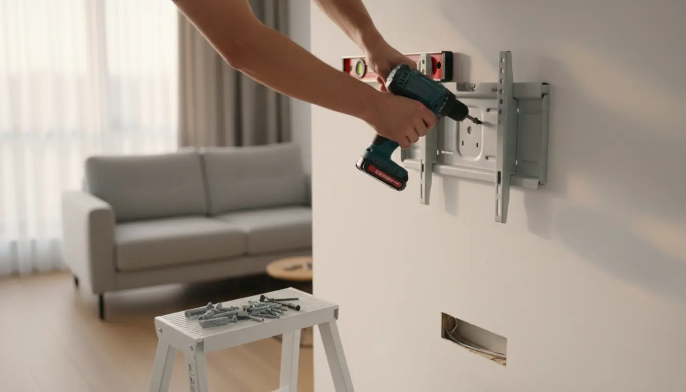Nærbillede af montering af fladskærm på nyrenoveret gipsvæg med beslag og boremaskine i fokus.