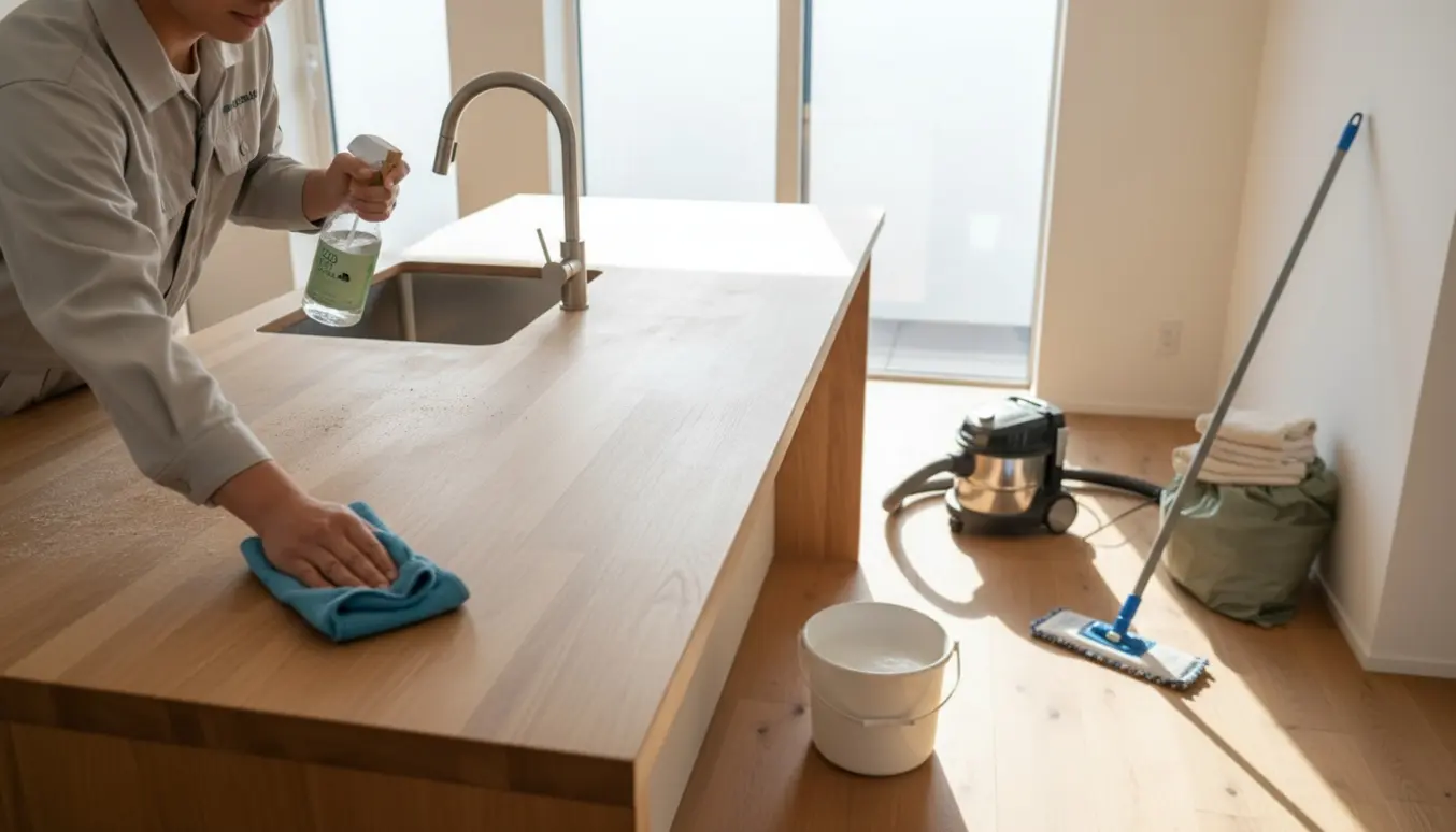 En person tørrer en køkkenø af med mikrofiberklud og rengøringsmidler i et solbelyst hjem.