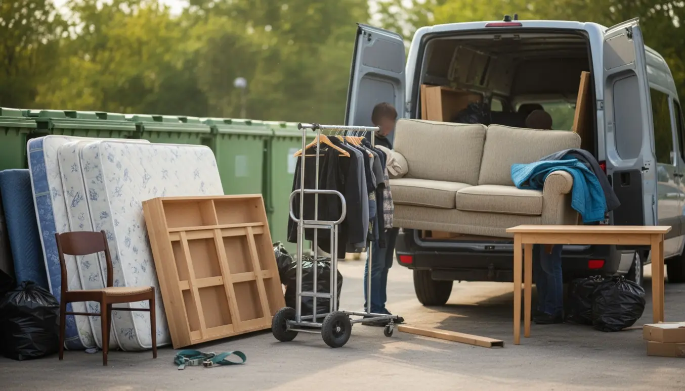 Varevogn lastes med sofa, madrasser, skrivebord, tøj og sække ved en genbrugsstation.