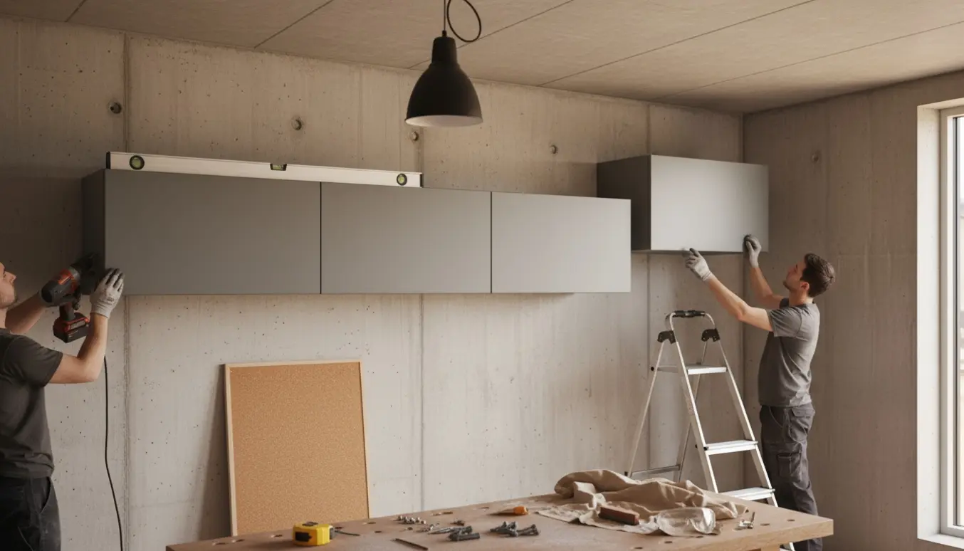 Montana-lignende vægskabe monteres på en rå betonvæg med værktøj og en loftlampe klar til installation.