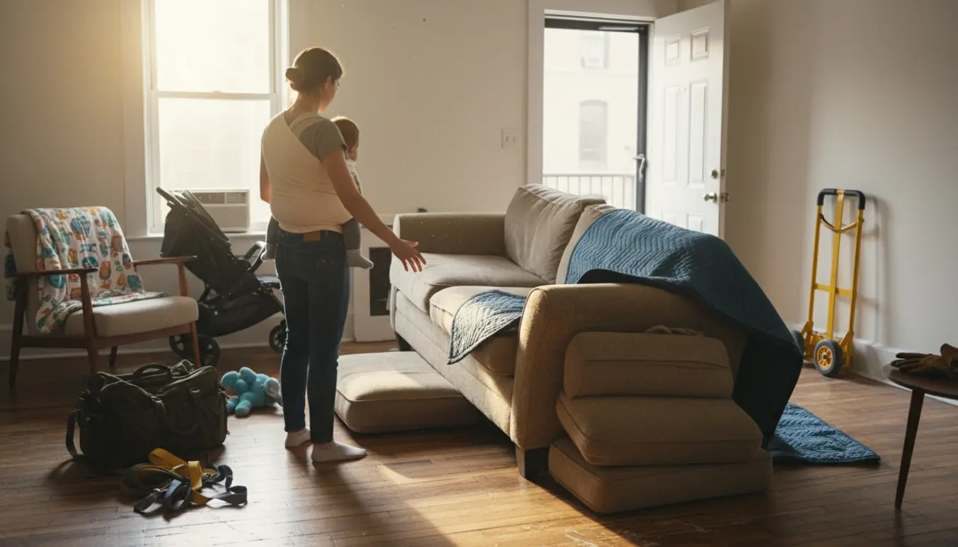 Ung mor i lejlighed med en stor, slidt sofa klar til afhentning og babyudstyr i forgrunden.