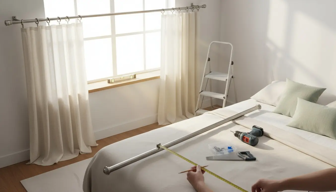 Hænder måler og skærer en gardinstang i et lyst soveværelse, mens en anden stang allerede er monteret over vinduet.