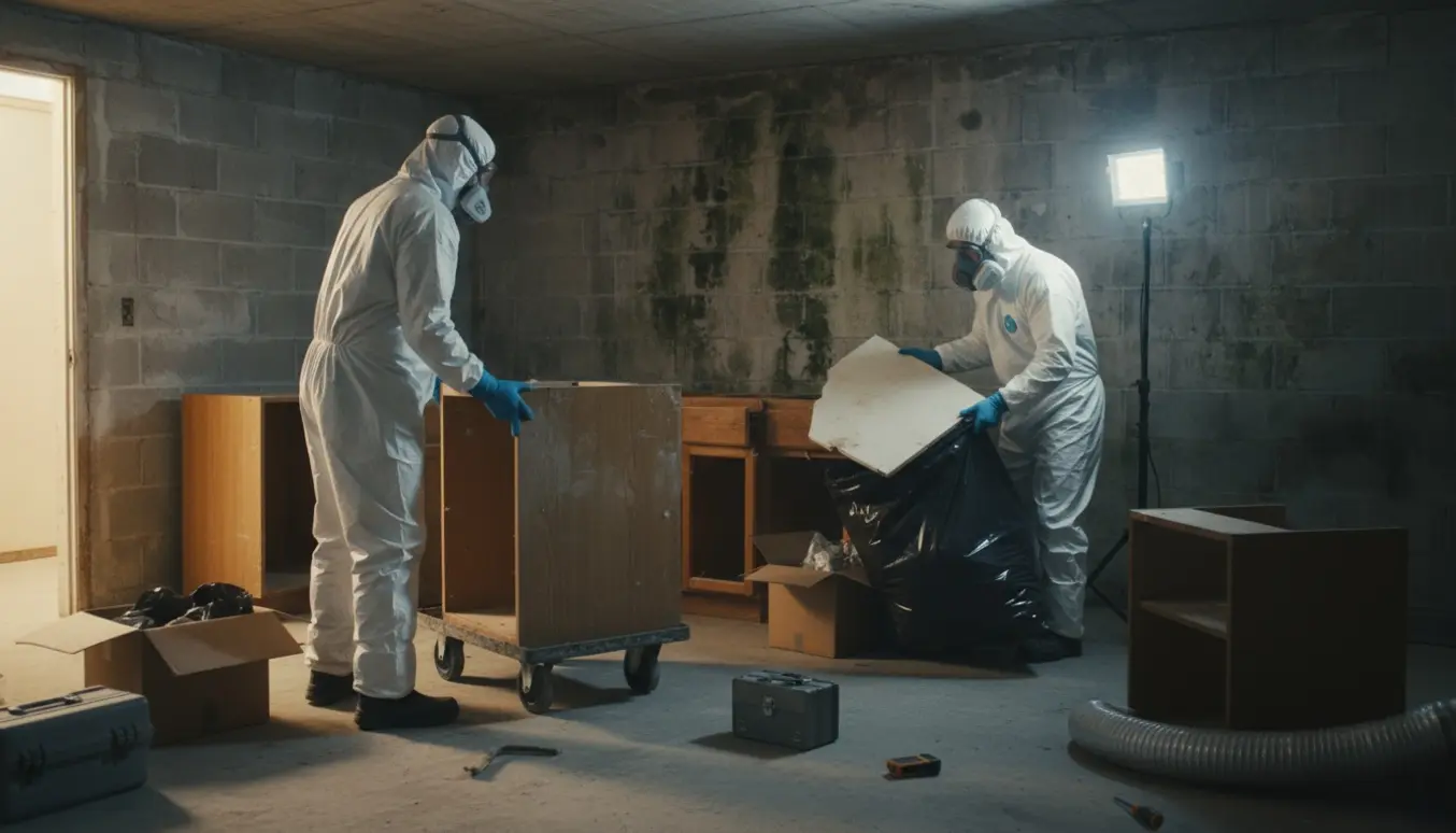 Rydning af kælder med mistanke om skimmelsvamp, hvor gamle køkkenelementer og poser læsses ud.