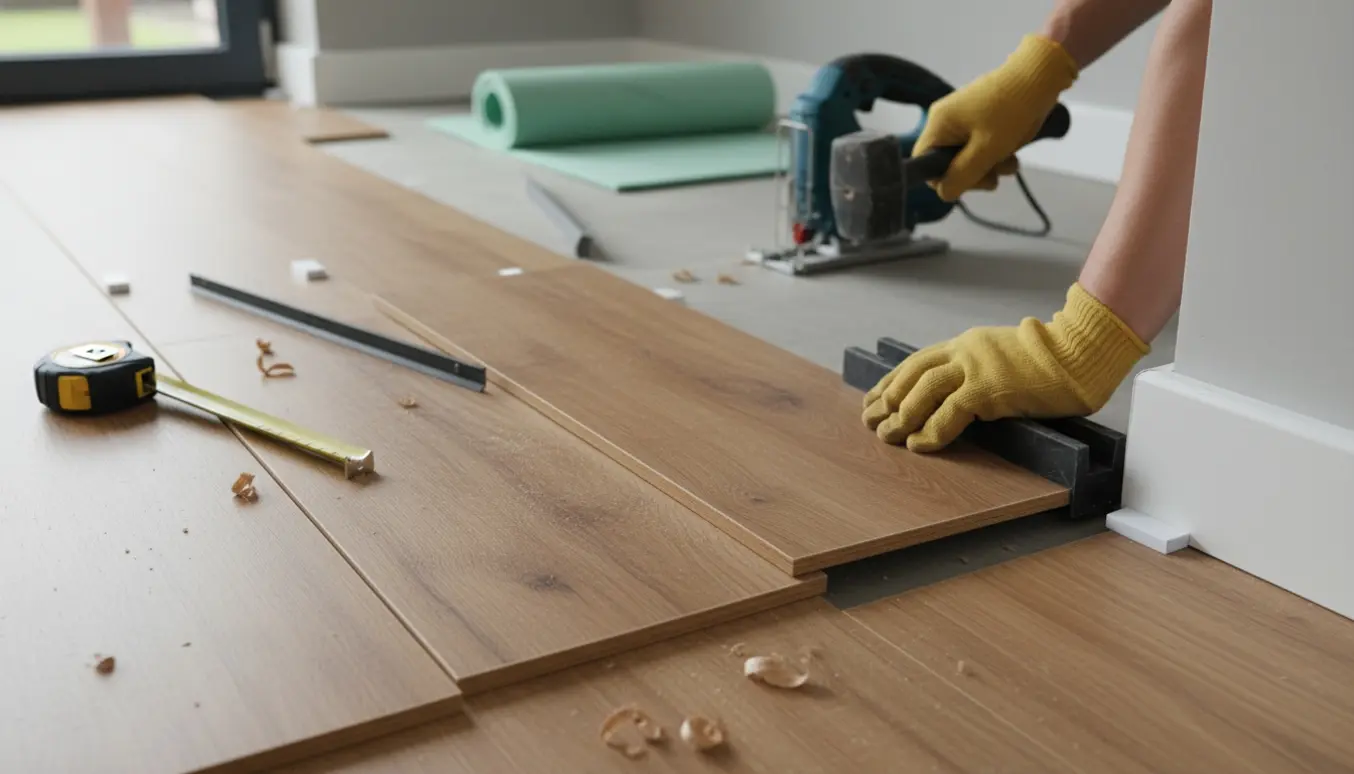 Hænder klikker nye trægulvsplanker på plads i et køkken under renovering.