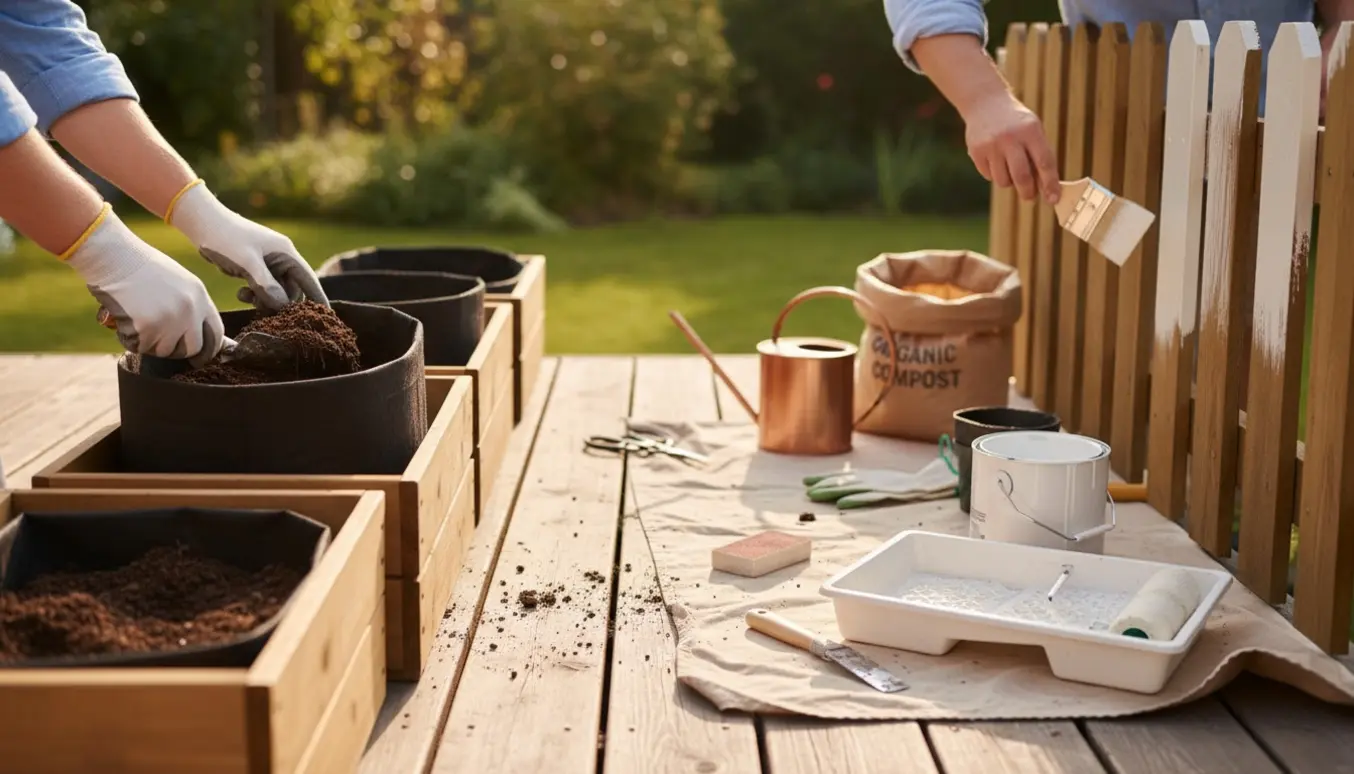 Hænder sætter nye plantesække i fire plantekasser og maler et stakit på en sollys terrasse.