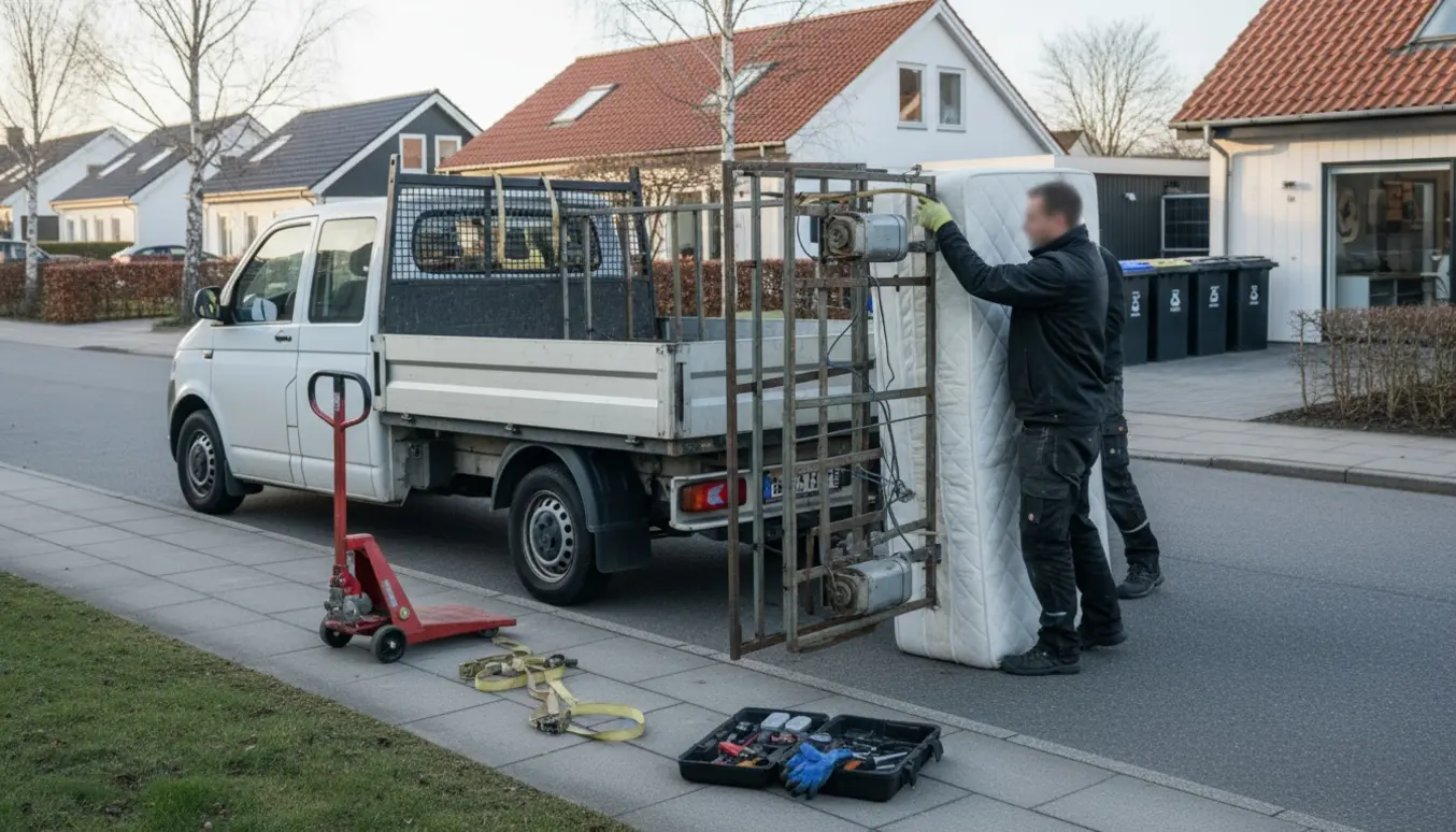 To arbejdere læsser en udtjent elevationsseng på en lille varevogn i en rolig forstad.