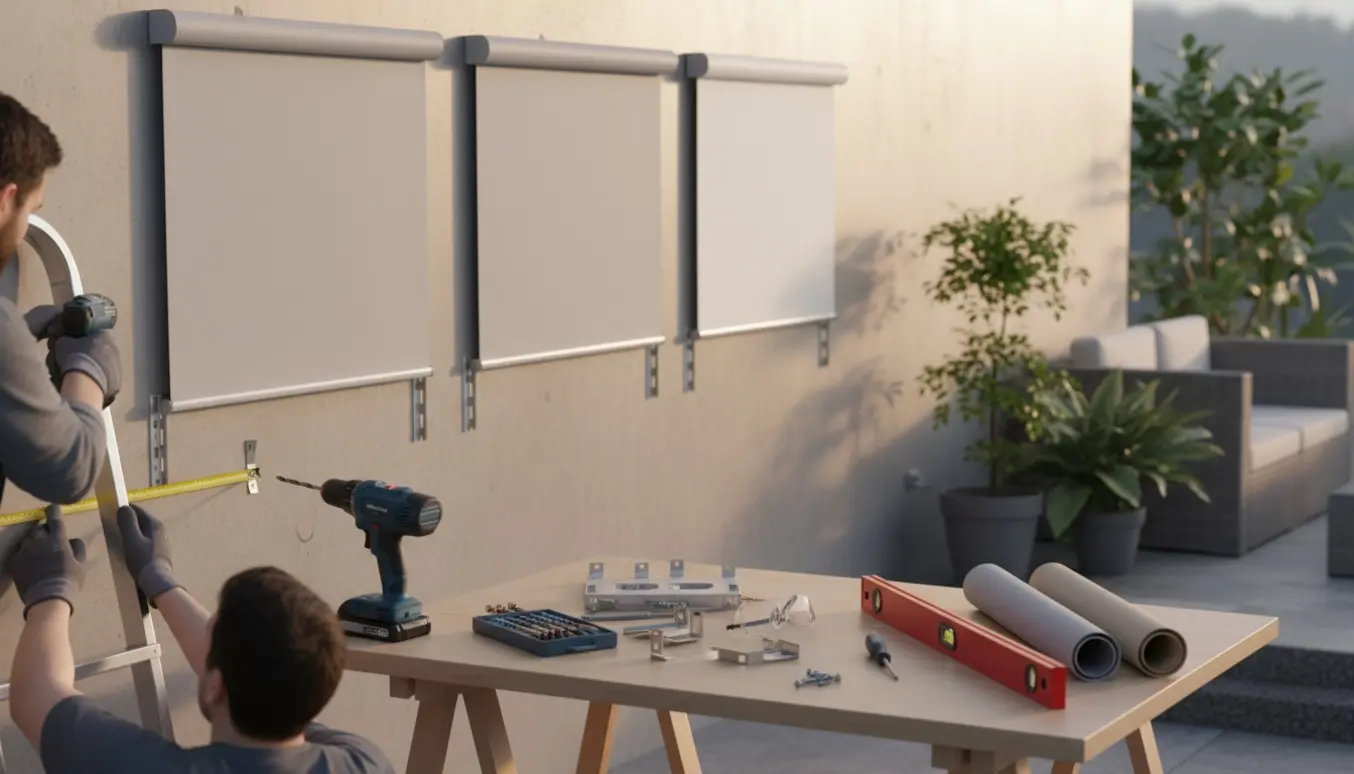 Personer monterer rullegardiner på en betonvæg på terrassen med boremaskine og monteringsværktøj fremme.