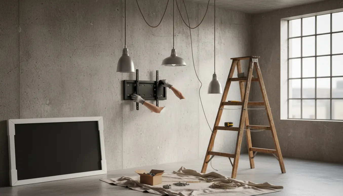 Ophængning af TV-vægbeslag og tre loftslamper på betonvæg med stige og værktøj.