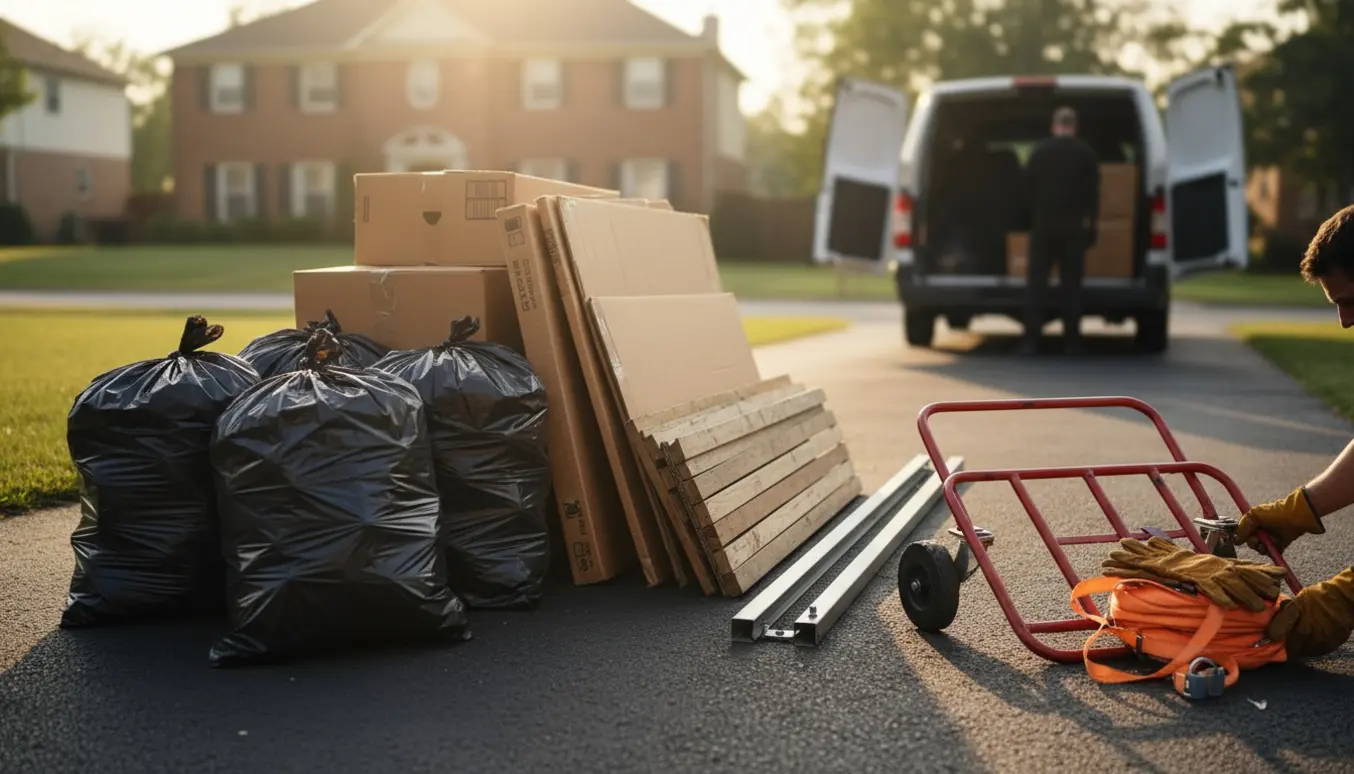 Stak med affaldssække, sammenfoldet pap og adskilte sengedele ved en åben varevogn klar til afhentning.