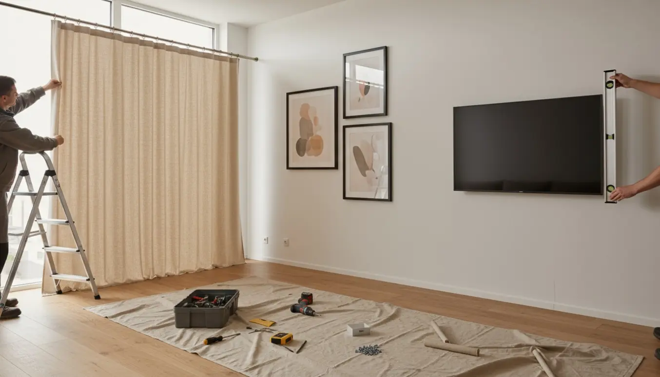 Gardiner, billeder og et TV bliver opsat i en moderne stue.