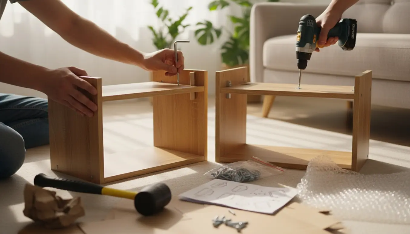 Hænder samler to små reoler i en lys stue med værktøj og pakkemateriale.