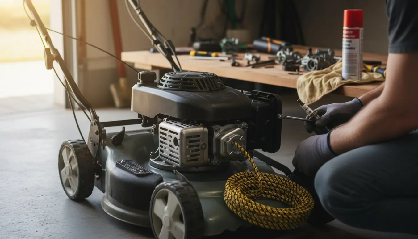 Nærbillede af en græsslåmaskine med åben motor og hænder, der arbejder med tændrør og ny træksnor i en garage.