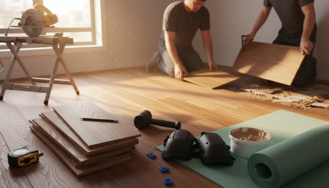 Tømrer lægger nyt trægulv i et lyst værelse med værktøj og gulvplanker i forgrunden.