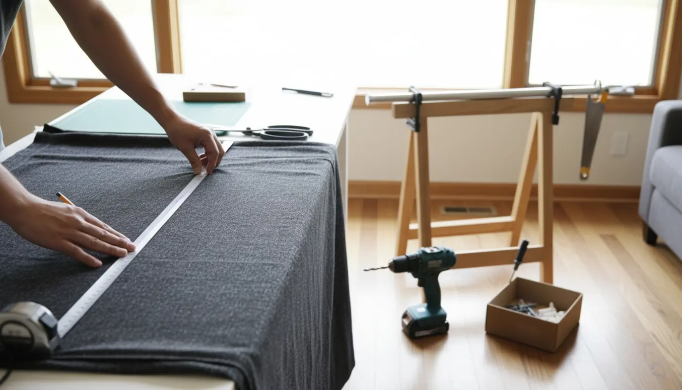 Nærbillede af hænder, der måler og tilpasser et mørklægningsgardin med værktøj klar ved vinduet.