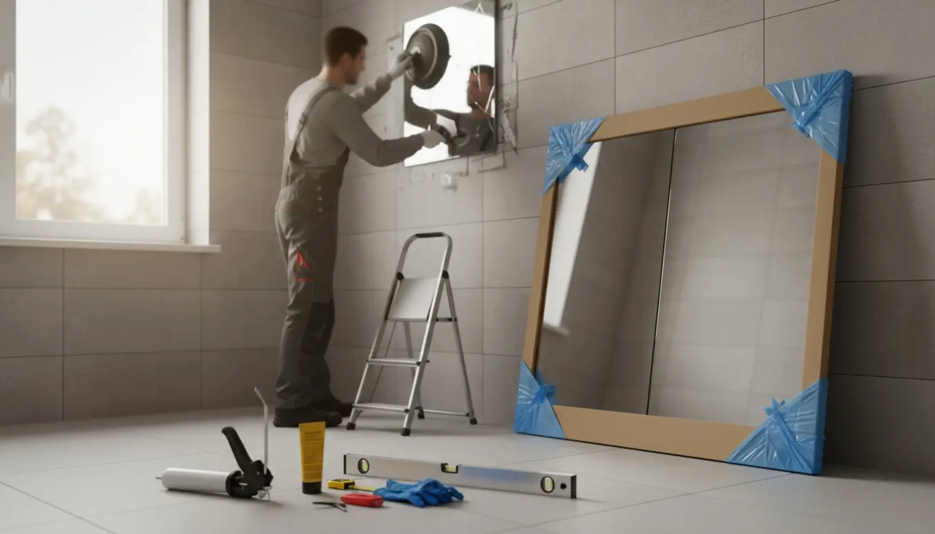 Udskiftning af vådrumsspejl i et flisebadeværelse med nyt dobbeltspejl og værktøj klar ved siden af.