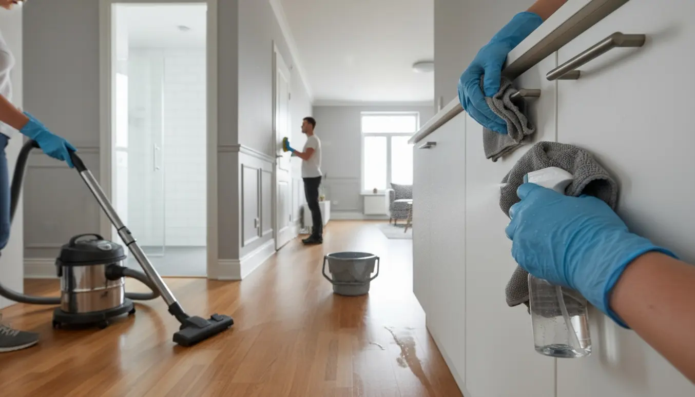 Hænder i handsker aftørrer et køkkenskabshåndtag i en lys, ryddelig lejlighed med støvsuger og moppe i baggrunden.