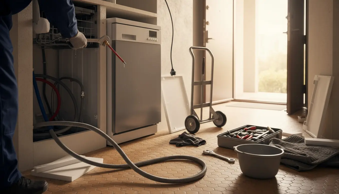 Kompakt vaskemaskine og lille opvaskemaskine afmonteres på stueplan med værktøj og afløbsslanger.