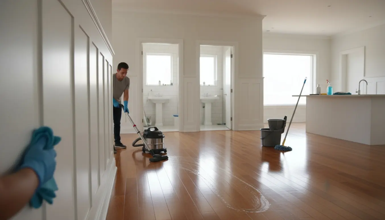 Fællesområder i et lyst, moderne hus rengøres med støvsuger, moppe og klud.
