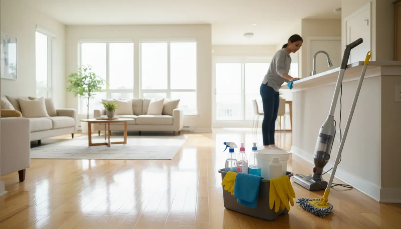 Lys og ryddet lejlighed med rengøringsvogn, moppe og en person, der pudser en bordplade med ansigtet vendt væk.