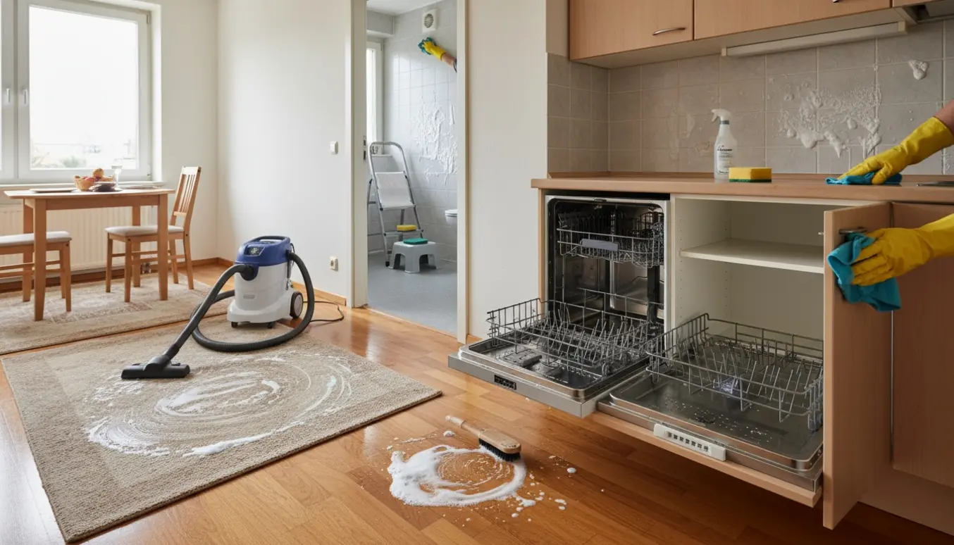 Lys lille lejlighed under grundig rengøring med våd-støvsuger på tæppe, afvaskede skab indersider og afkalkning af badeværelsesfliser.