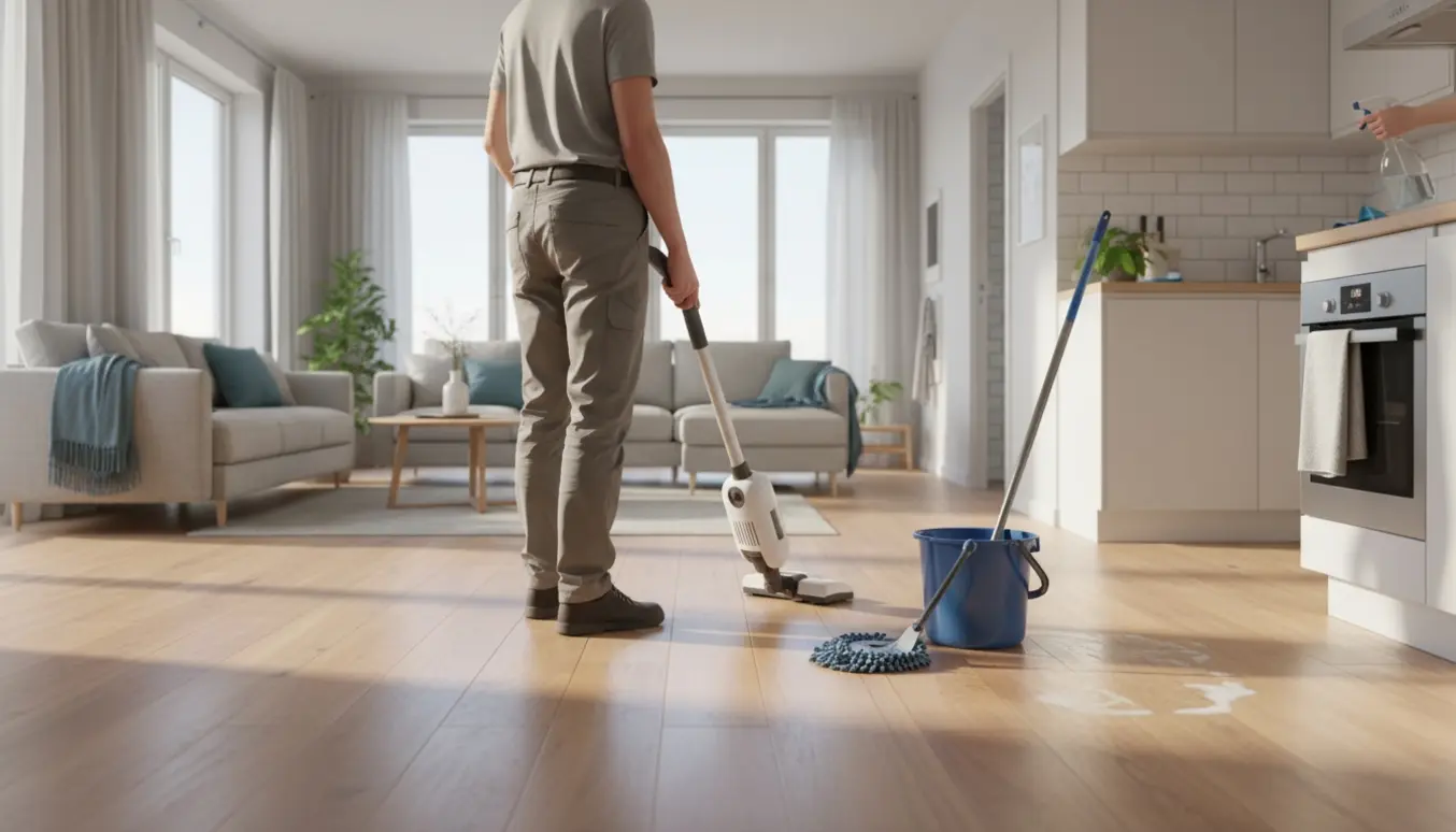 Rengøring i en lys, moderne lejlighed med støvsuger, moppe og klud, fokus på gulv og overflader.