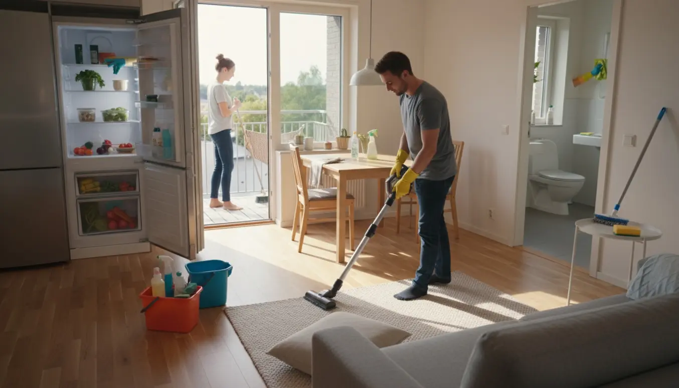 Grundig rengøring i en lys 2-værelses lejlighed med altan, hvor støvsuger, moppe og klude er i brug.