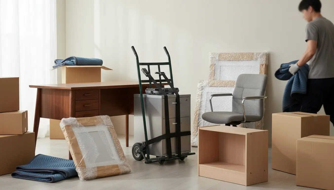 Skrivebord, arkivskab på flyttevogn, indpakkede billeder og stol i et hjem under flytning.