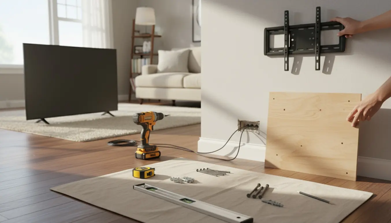 Hænder monterer et fjernsyn på en et-lags gipsvæg med forstærkningsplade og værktøj i fokus.