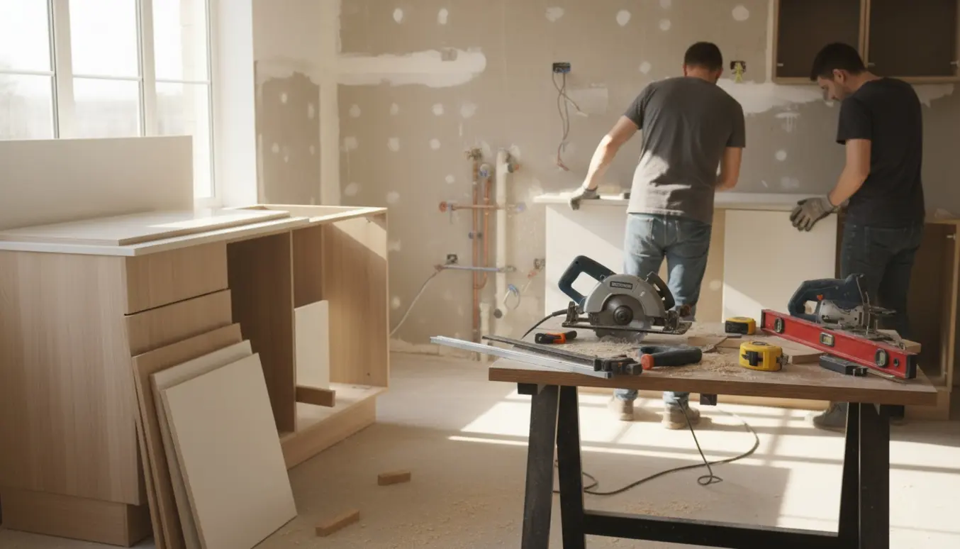 Montage af nyt køkken med værktøj, udskårne skabsplader og savsmuld i en oplyst køkkenrenovering.