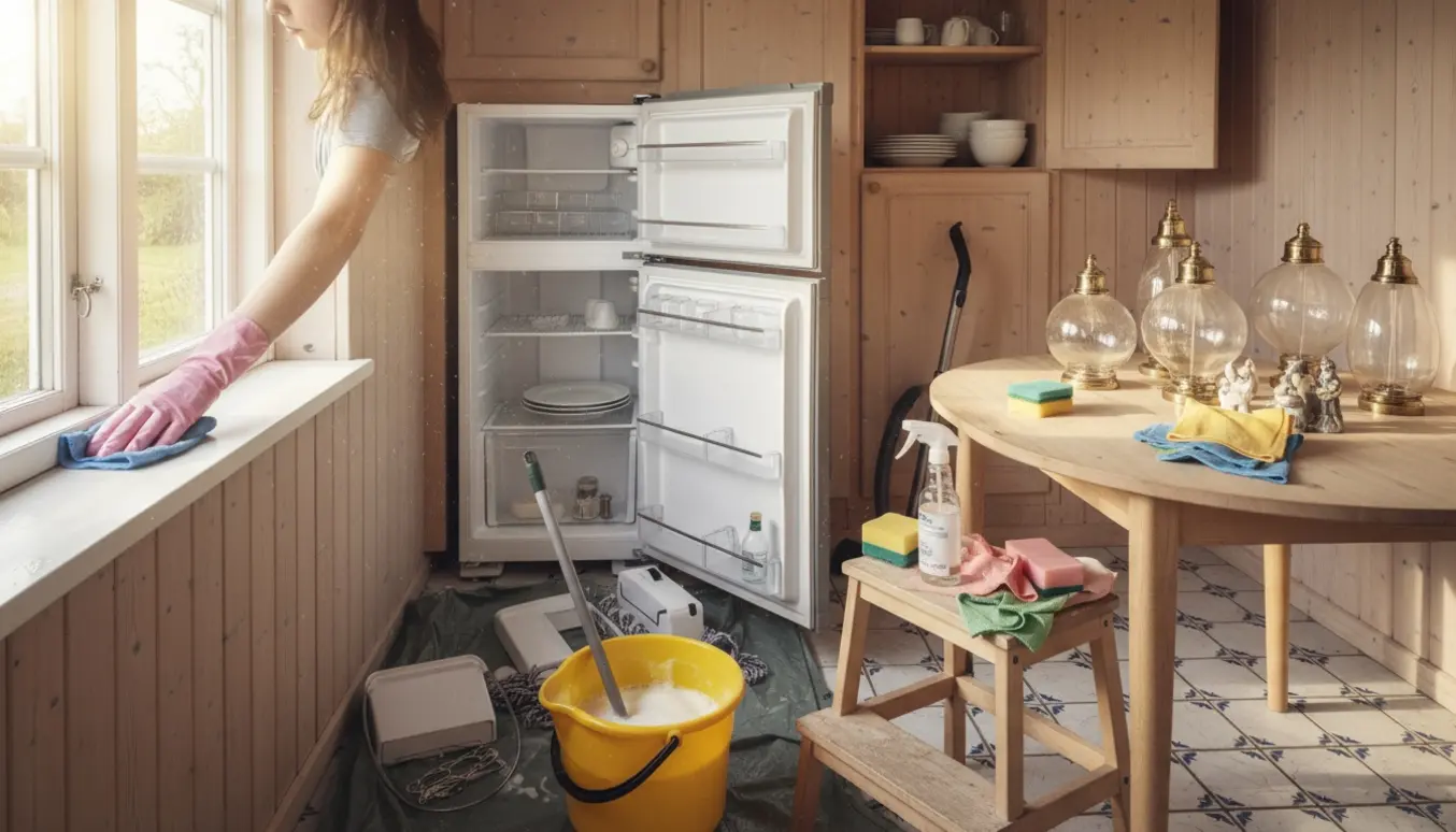 Solbelyst kolonihavehusinteriør med forårsrengøring, hænder i gummihandsker tørrer vindueskarmen og rengør køleskabet.