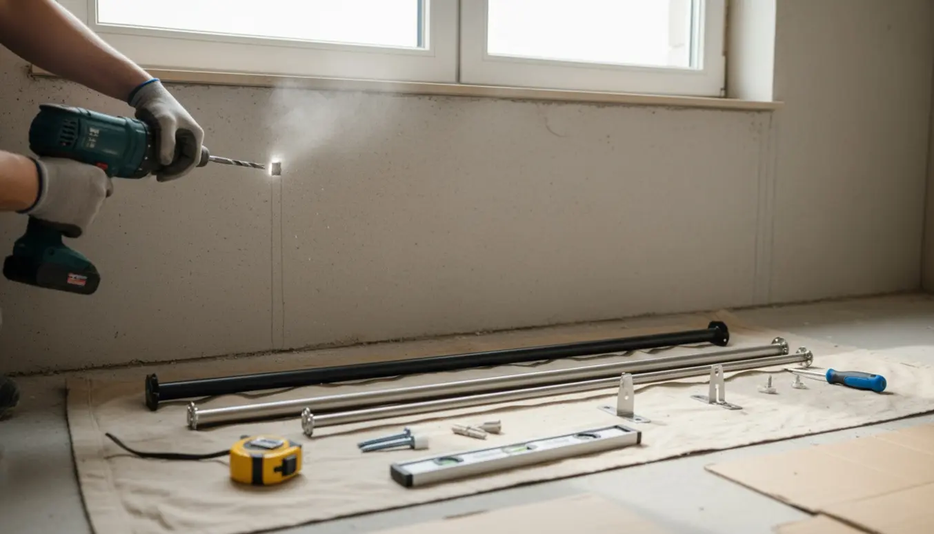 Hænder borer i en gasbetonvæg over et vindue for at montere to gardinstænger med værktøj og rawlplugs i forgrunden.