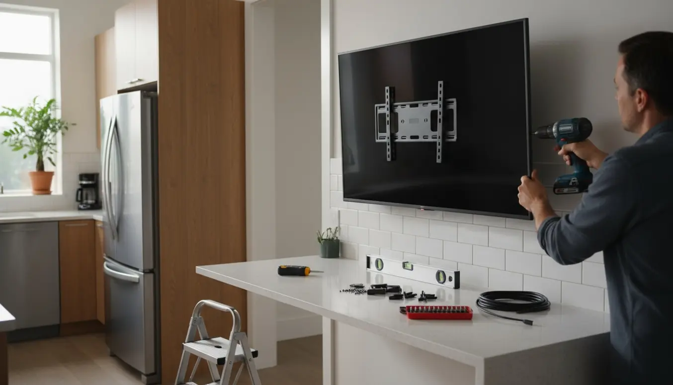 Hænder monterer et fladskærms-tv på en køkkenvæg med værktøj og kabelstyring synlig.
