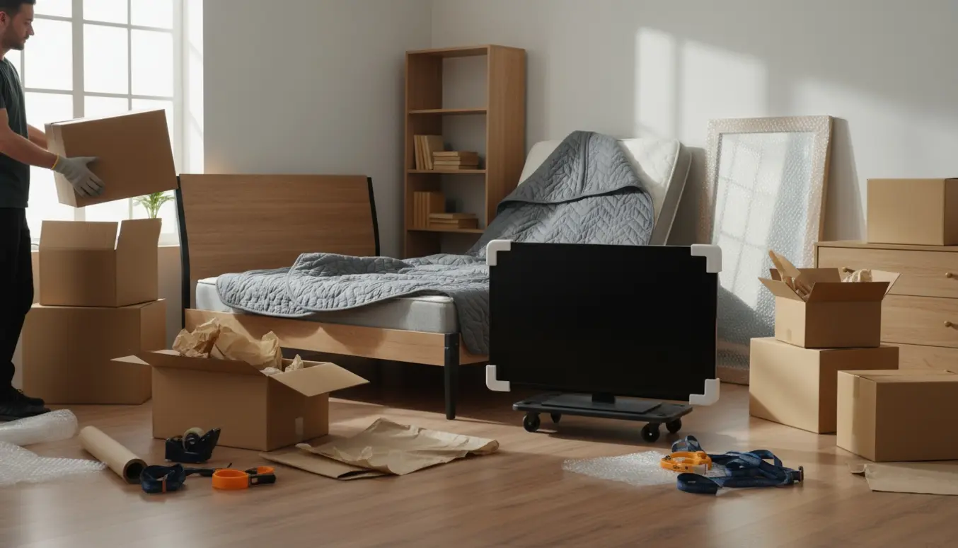 Soveværelse under privat flytning med flyttekasser, indpakket spejl, tv og møbler i blødt dagslys.