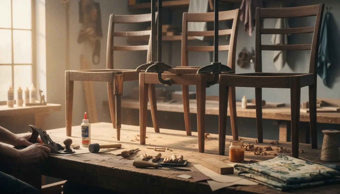 Fem antikke træstole med knækkede ben under reparation på et solbeskinnet snedkerværksted.