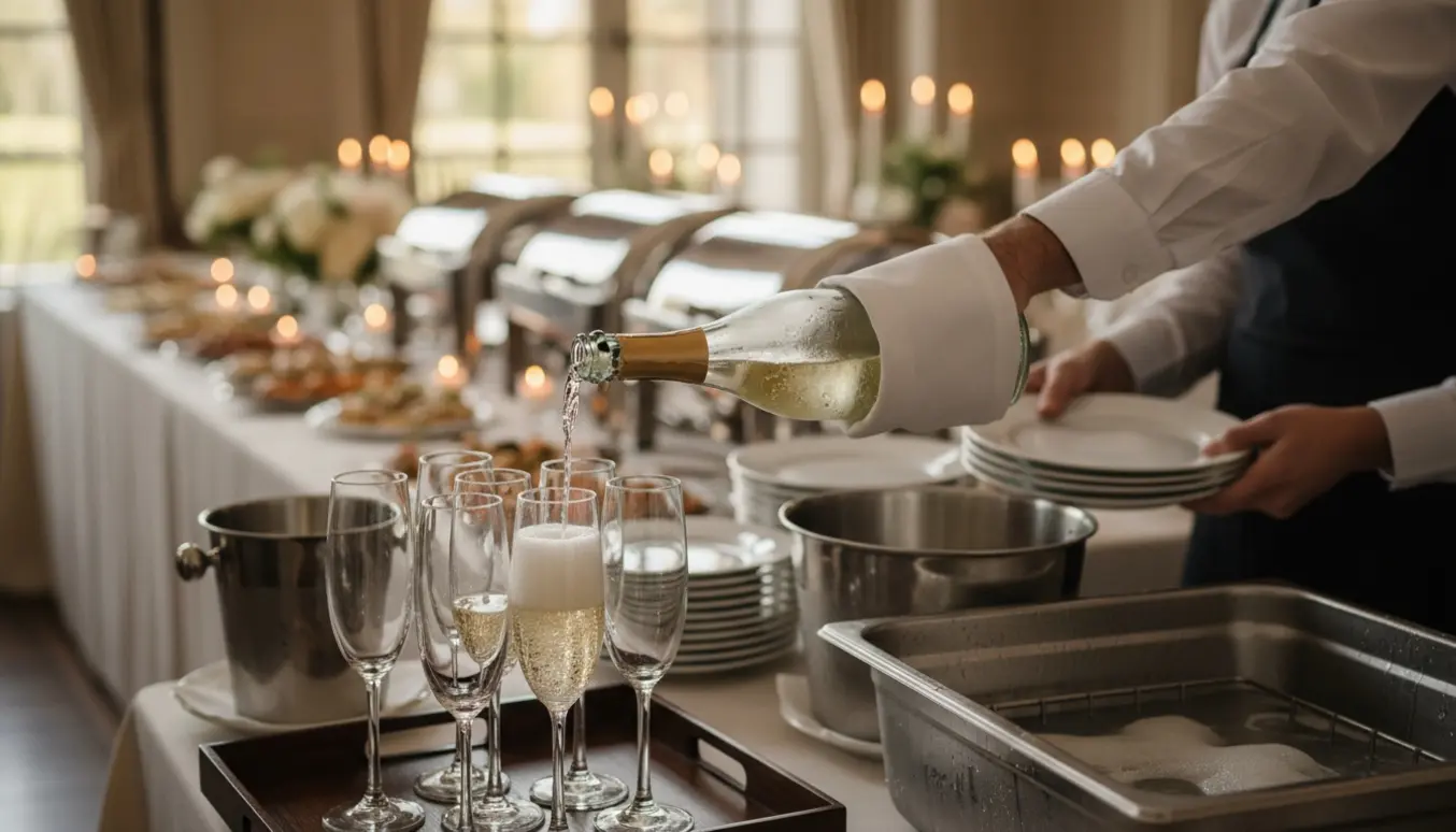 Hænder skænker champagne i glas ved et bryllup med buffet og opvaskestation i blød baggrund.