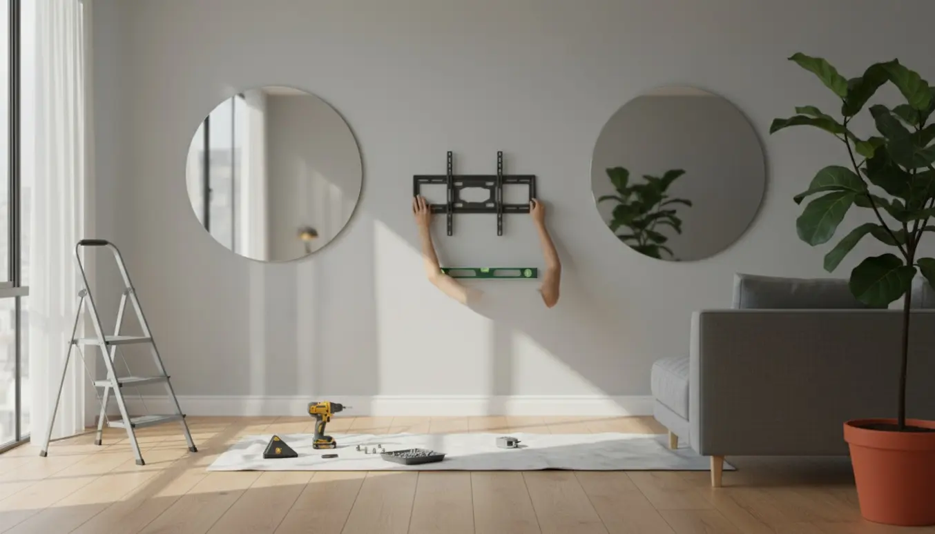 Hænder monterer et fladt TV på en stuevæg med to spejle symmetrisk ved siden af.