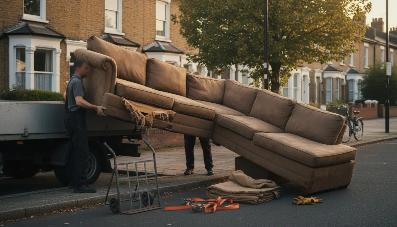 Stor hjørnesofa sat ved kantstenen klar til storskrald, mens to personer løfter den ind i en lastbil.