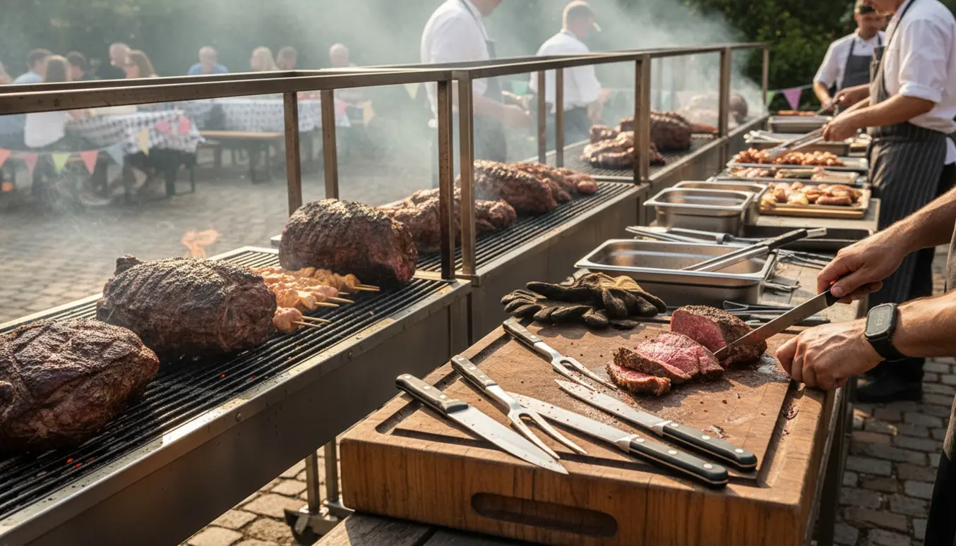 Udendørs sommergrill med store oksesteg på industrielle grill, et skærebræt og hænder, der skærer saftigt kød.