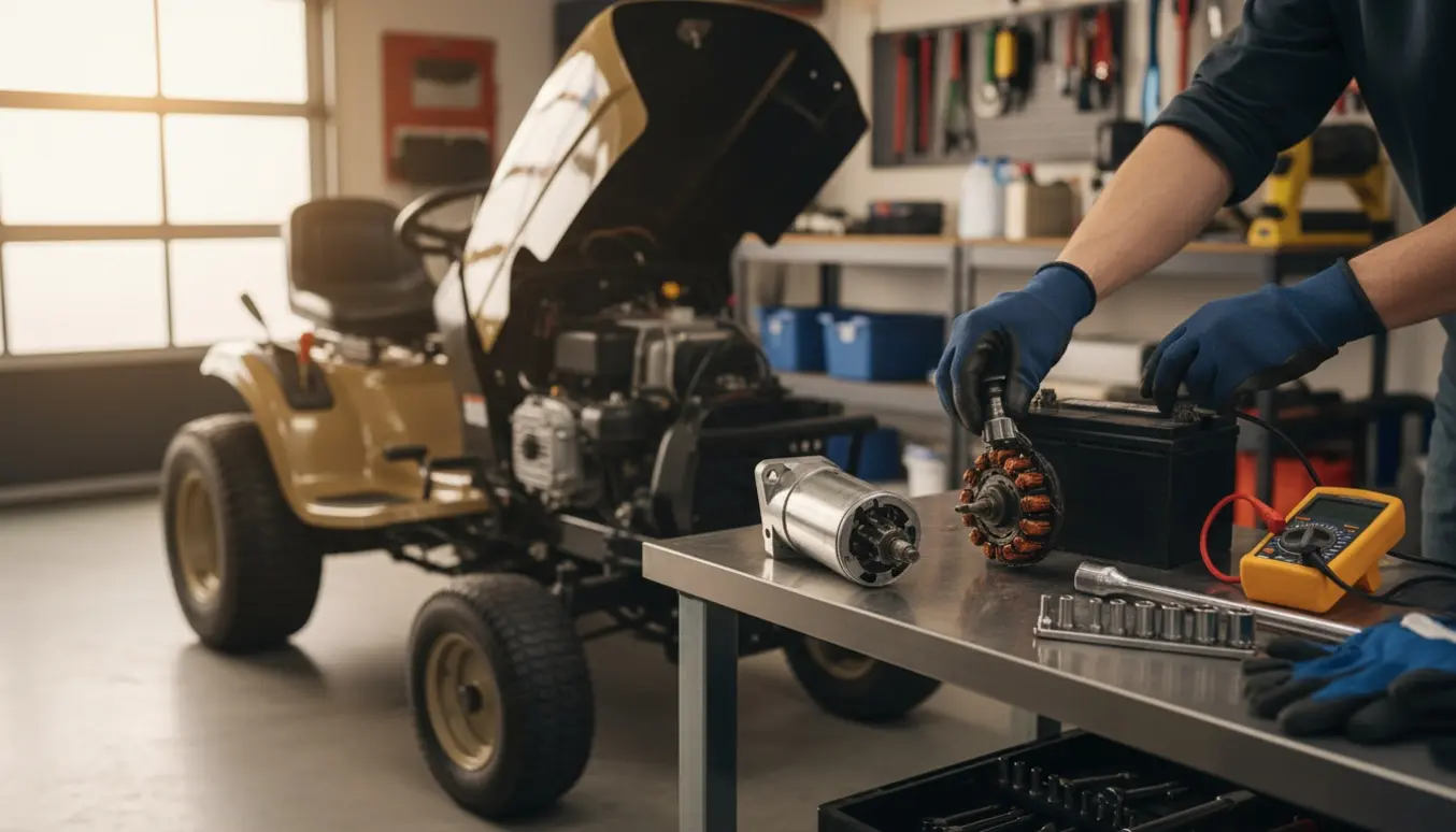 Nærbillede af en havetraktor med fjernet starter og rotor på en garagebænk klar til udskiftning.