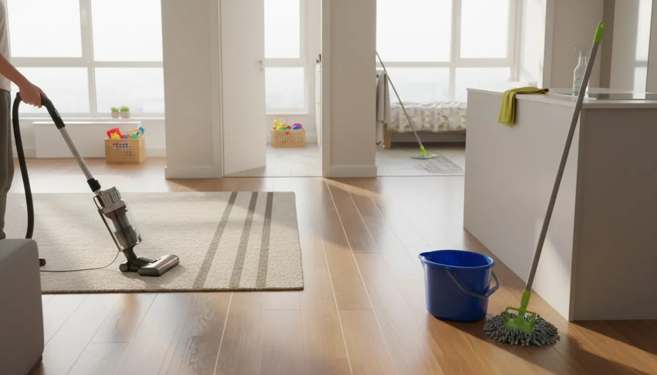 Soloplyst lejlighed med støvsuger, moppe og klude, hvor gulve i stue, køkken og børneværelse netop er rengjort.